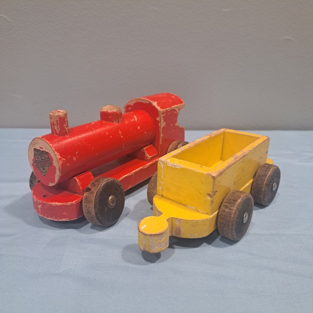 VTG Nicoltoys Wooden Train Engine & Wagon Red Yellow Made in‎ England Rustic Toy